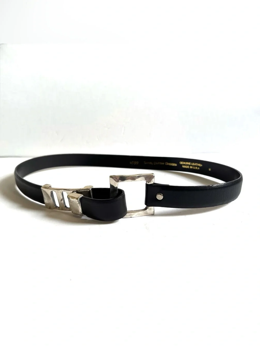 Vtg Sandy Duftler Black Leather Silver Tone Belt M Brutalist Modernist Buckle